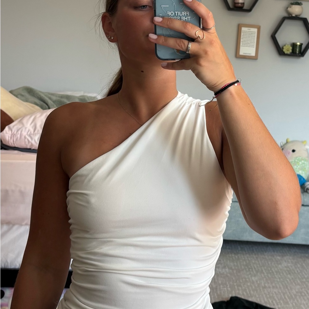 Cream Asymmetrical Ruched One-Shoulder Top
